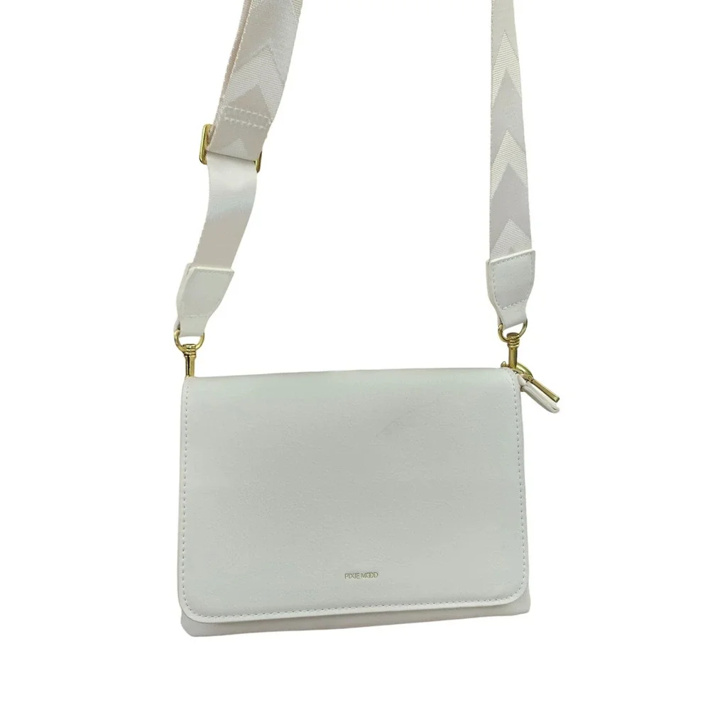 Pixie Mood White Vegan Leather Crossbody Bag Gold Hardware Chevron Strap Small